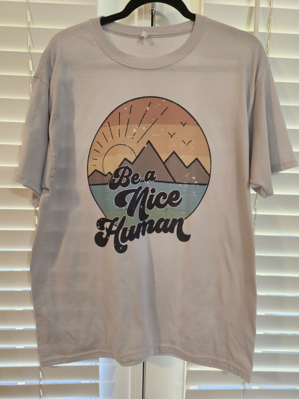 Jerzees White Graphic Tee with Retro Mountain Sunset "Be a Nice Human"
